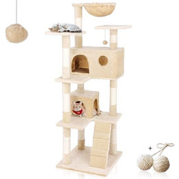 Rohrschneider Kratzbaum Marley für Katzen mit Katzenhöhlen und Kuschelnest aus Sisal und Plüsch in Beige 50 x 50 x 150 cm – Bild 1 von 12
