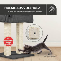 Rohrschneider Wolly moderner Kratzbaum für Katzen aus Vollholz mit Katzenbett und Kissen in Grau – Bild 1 von 5