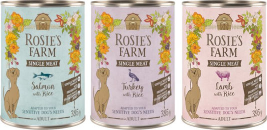 Rosie's Farm Hundefutter Adult Mix Truthahn Reis Lamm Reis Fisch Reis Monoprotein Sensitive 6 x 395 g – Bild 1 von 1