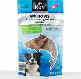Produktbild von ROY Kausnack Anchovis in Hühnerbrust gewickelt 100 g mit hohem Fleischanteil
