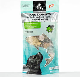 Produktbild von ROY Kausnack Kaudonuts aus Rinderhaut und Fischhaut ohne Farb- und Aromastoffe und ohne Zucker 150 g