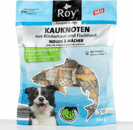 Produktbild von ROY Kausnack Kauknoten aus Rinderhaut und Fischhaut ohne Farb- und Aromastoffe und ohne Zucker 150 g