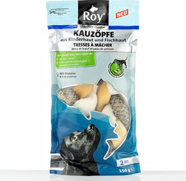 Produktbild von ROY Kausnack Kauzöpfe aus Rinderhaut und Fischhaut ohne Farb- und Aromastoffe und ohne Zucker 150 g