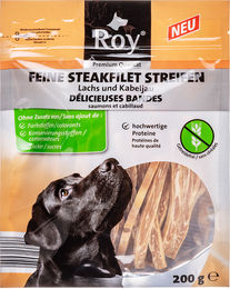 Produktbild von ROY Trockenfleisch Steakfilet Streifen Lachs und Kabeljau glutenfrei 200g