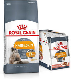 Produktbild von Royal Canin Hair & Skin Care Adult Futter Set mit 10kg Trockenfutter und 12x 85g Nassfutter Geflügel Stückchen in Soße
