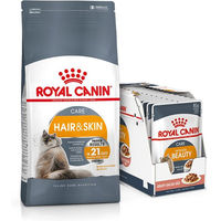 Produktbild von Royal Canin Hair & Skin Care Adult Futter Set mit 10kg Trockenfutter und 12x 85g Nassfutter Geflügel Stückchen in Soße