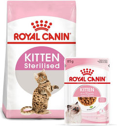 Produktbild von Royal Canin Kitten Sterilised Trockenfutter 3,5kg und Kitten Stückchen in Soße 12x85g für Katzen - 12 x 85 g