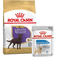Produktbild von Royal Canin Labrador Retriever Sterilised Trockenfutter 12kg und Light Weight Care Mousse 12x85g für große Hunderassen - 12 x 85 g