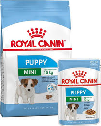 Produktbild von Royal Canin Mini Welpenfutter Set mit 2kg Trockenfutter und 12x85g Stückchen in Sauce - 12 x 85 g