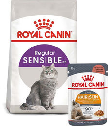 Produktbild von Royal Canin Sensible Trockenfutter 2kg und Intense Beauty Nassfutter 12x85g für erwachsene Katzen - 12 x 85 g