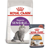 Produktbild von Royal Canin Sensible Trockenfutter 2kg und Intense Beauty Nassfutter 12x85g für erwachsene Katzen - 12 x 85 g