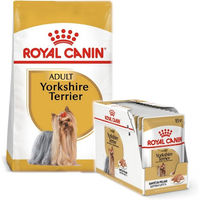 Produktbild von Royal Canin Yorkshire Terrier Adult Hundefutter Set mit Trockenfutter 7,5 kg und Nassmousse 12 x 85 g für kleine Hunde mit Geflügel und Fisch zur Unterstützung von Haut, Fell und Zahnpflege