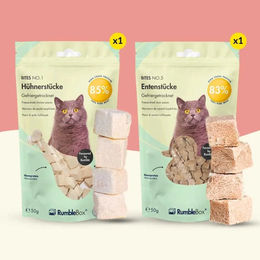 RumbleBox Snackfreunde Sparbox Gefriergetrocknete Hundeleckerlis Huhn und Ente für alle Altersstufen 2x50g – Bild 1 von 1