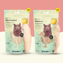 Produktbild von RumbleBox Sparbox Genussbissen Gefriergetrocknete Leckerlis Huhn und Ente 2x50g