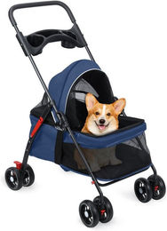 Rutaqian Hundebuggy Kinderwagen für Hunde und Katzen mit 4 Rädern und Getränkehalter, zusammenklappbar, Blau – Bild 1 von 4