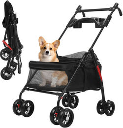 Rutaqian Hundebuggy und Katzenbuggy faltbar mit Sonnenschutz für kleine Rassen in Schwarz – Bild 1 von 5