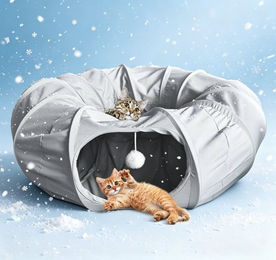 Rywell 2-in-1 Katzentunnel und Katzenhöhle mit Kühlmatte und Spielball in Grau aus Polyester – Bild 1 von 5