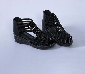 Produktbild von Sandalen Damen Sommer Slope mit römischen Mutter Strass Fischmaul Mittelabsatz Damen Soft Bottom Open Toe mittleren Alters Sandalen 38 schwarz