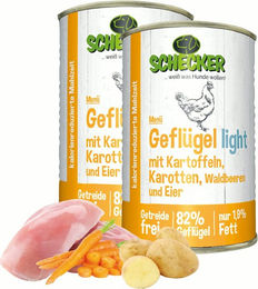 Produktbild von Schecker Hundemenü Geflügel light mit Kartoffeln, Karotten, Waldbeeren & Ei - 410 g