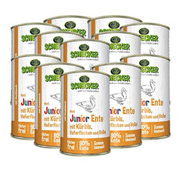 Produktbild von Schecker Hundemenü Junior Ente mit Kürbis, Haferflocken und Vollei - 12 x 410 g