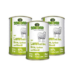 Produktbild von Schecker Hundemenü Lamm mit Reis, Birne, Aprikose und Olivenöl - 3 x 410 g