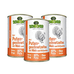 Produktbild von Schecker Hundemenü Putengeschnetzeltes mit Mais und Hüttenkäse - 3 x 410 g