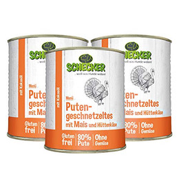 Produktbild von Schecker Hundemenü Putengeschnetzeltes mit Mais und Hüttenkäse - 3 x 820 g