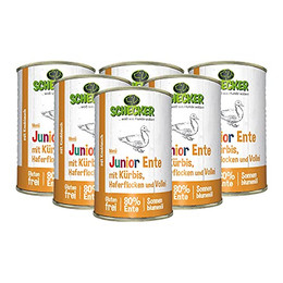 Produktbild von Schecker Nassfutter Hundemenü Junior Ente mit Kürbis und Vollei - 4 x 410 g