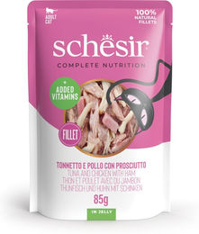Produktbild von Schesir Complete Nutrition Filet in Gelee 6 x 85 g - Thunfisch und Huhn mit Schinken