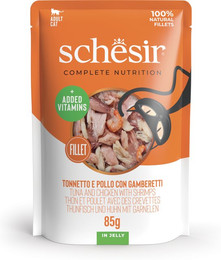 Produktbild von Schesir Complete Nutrition Filet in Gelee 6 x 85 g - Thunfisch und Hühnchen mit Garnelen