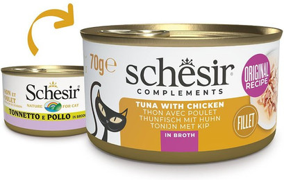 Produktbild von SCHESIR Thunfisch und Huhn in Brühe - 70 g