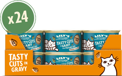 Produktbild von Schmackhafte Stücke aus Huhn und Fisch in Soße für ältere Katzen (24 x 85g) | Lily's Kitchen