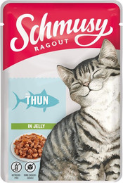 Produktbild von SCHMUSY Ragout Pouch in Jelly 100g Frischebeutel Katzennassfutter Sparpaket 44 x 100 Gramm Thunfisch