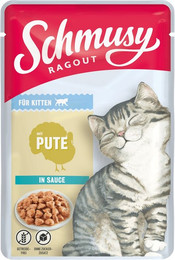 Produktbild von SCHMUSY Ragout Pouch in Sauce 100g Frischebeutel Katzennassfutter Sparpaket 44 x 100 Gramm Kitten Pute