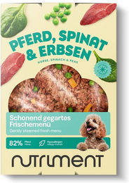 Schonend gegartes Frischemenü Pferd, Spinat & Erbsen – Bild 1 von 2