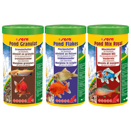Produktbild von sera Pond Flakes, Pond Mix Royal und Pond Granulat Teichfischfutter - 3 x 1000 ml