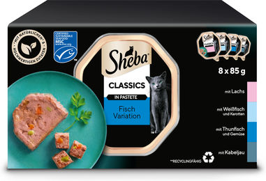 Produktbild von Sheba Classics Nassfutter Terrine mit Lachs, Weißfisch, Thunfisch und Gemüse für adulte Katzen - 8 x 85 g