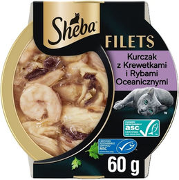 Produktbild von SHEBA Filets Nassfutter mit Huhn, Seefisch und Garnelen in Soße für Katzen 60 g