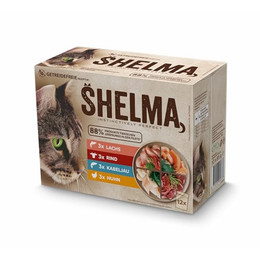Produktbild von Shelma Katzenfutter Lachs/Rind/Huhn/Kabeljau 12x85g