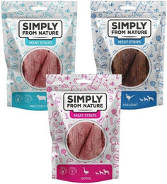 Produktbild von SIMPLY FROM NATURE Fleischstreifen mit Gans, Fasan, Hammel für Hunde 3x80 g