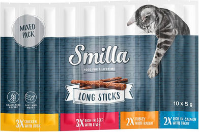 Produktbild von Smilla Long Sticks 10 x 5 g - Mixpaket 1  (Huhn & Ente, Truthahn & Hase, Lachs & Forelle, Rind & Leber)