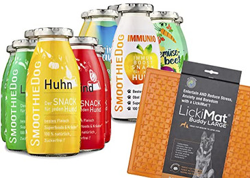Produktbild von SmoothieDog Hundesmoothie Probierset mit Lickimat Buddy - 12 x 250 ml