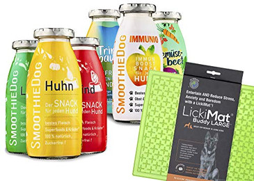 Produktbild von SmoothieDog Hundesmoothie Probierset mit Lickimat Buddy L grün - 6 x 250 ml