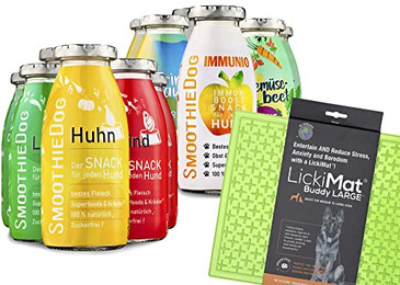 Produktbild von SmoothieDog Probierset mit Lickimat Buddy L grün Hundesmoothies - 12 x 250 ml