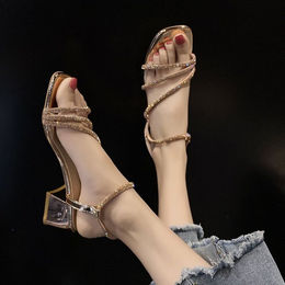 Produktbild von Sommersandalen für Damen mit dickem Absatz und Strasssteinen, dicker Absatz, mittlerer Absatz und Rock, hohe Schuhe mit weichem Besatz, Sandalen in Beinform 40 champagner