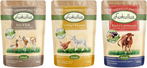 Produktbild von Sparpaket Lukullus Frischebeutel 48 x 300 g - Mixpaket Getreidefrei (3 Sorten)