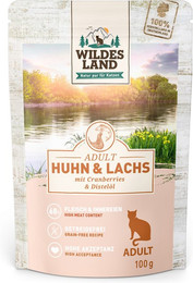Produktbild von Sparpaket Wildes Land Cat 24 x 100 g - Huhn & Lachs mit Distelöl