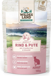Produktbild von Sparpaket Wildes Land Cat 24 x 100 g - Rind & Pute mit Distelöl