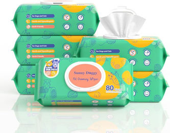 Produktbild von SUNNY DOGGY Pet Wet 80 Tücher x 6, zum Abwischen der Hundepfoten um die Ohren und des ganzen Körpers, Feuchttücher für sicheres Abwischen in großen Größen, Tücher, Stücke, Blätter,