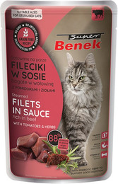 Produktbild von Super Benek Getreidefrei Gedämpfte Filets Rind mit Tomaten in Sauce - 28 x 85 g
